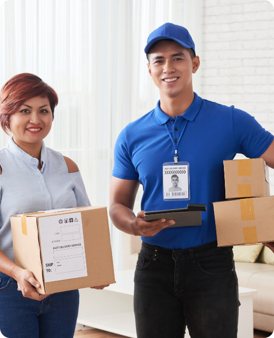 Courier delivering a package to a customer for Sonik Express